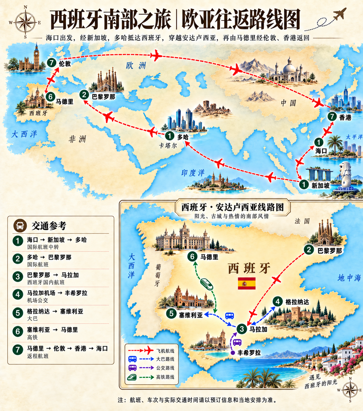 西班牙南部之旅与欧亚往返路线图:海口经新加坡、多哈至巴塞罗那,游览马拉加、丰希罗拉、格拉纳达、塞维利亚、马德里,再经伦敦和香港返回海口